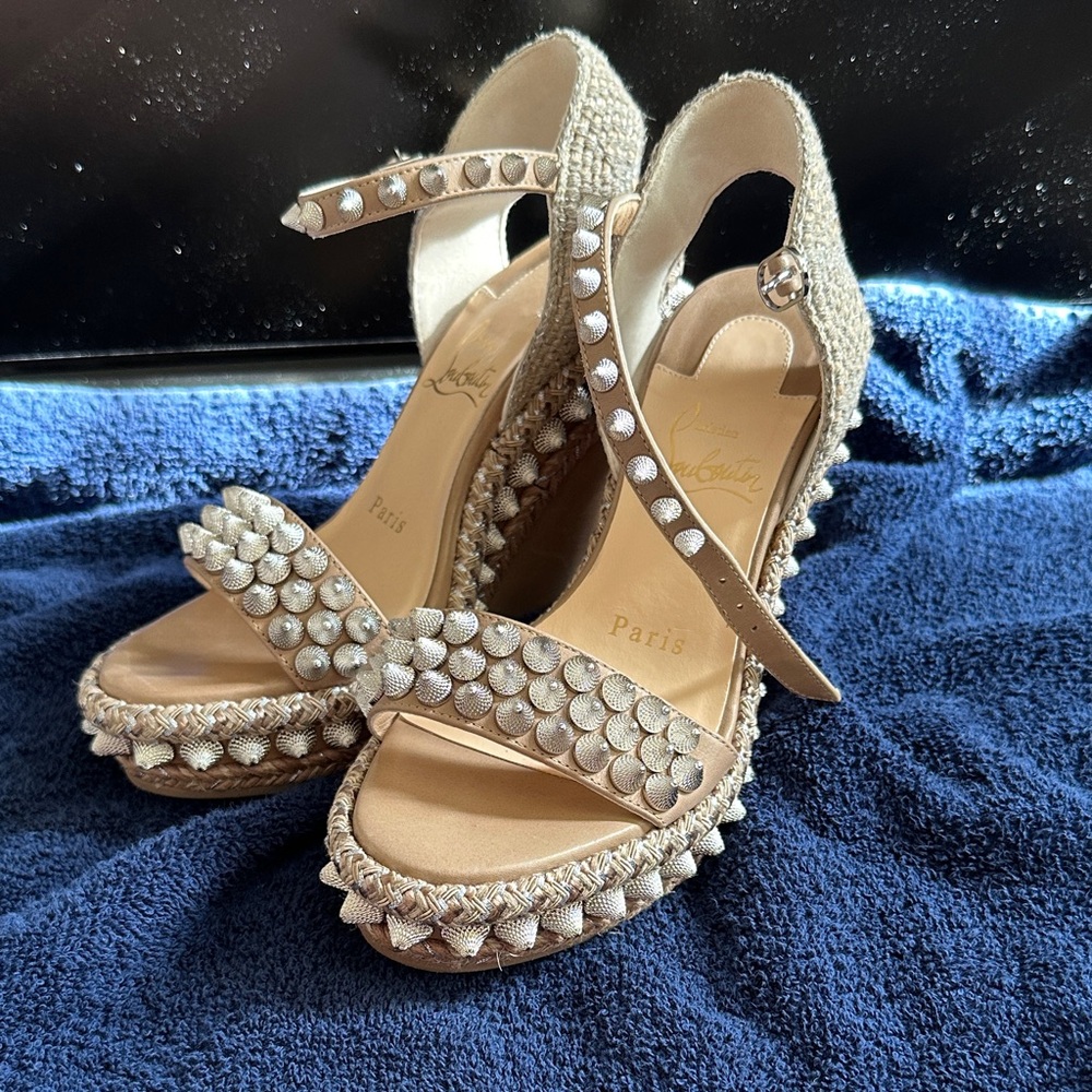 Christian Louboutin spiked nude wedges